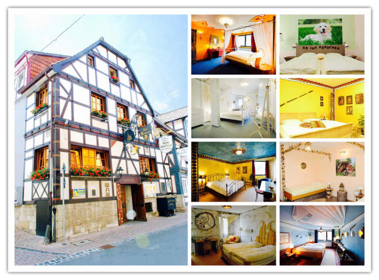Collage vom Hotel Goldflair mit verschiedenen Zimmeransichten und Einrichtung. Historisches Fachwerkhaus mit verschiedenen Zimmeransichten und Einrichtung.