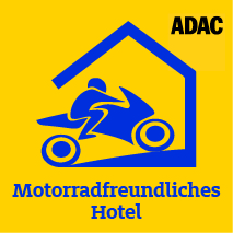 Symbol für ein motorradfreundliches Hotel mit stilisiertem Motorradfahrer.