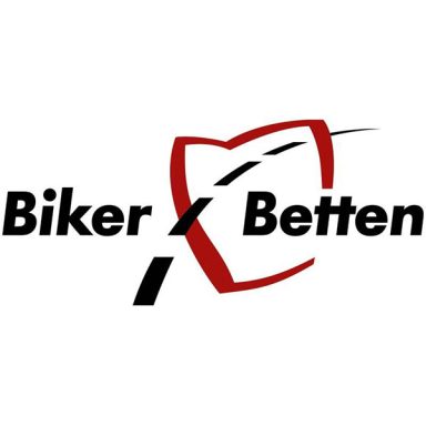 Logo von Biker Betten mit stilisierten Straßen und geschütztem Schild.